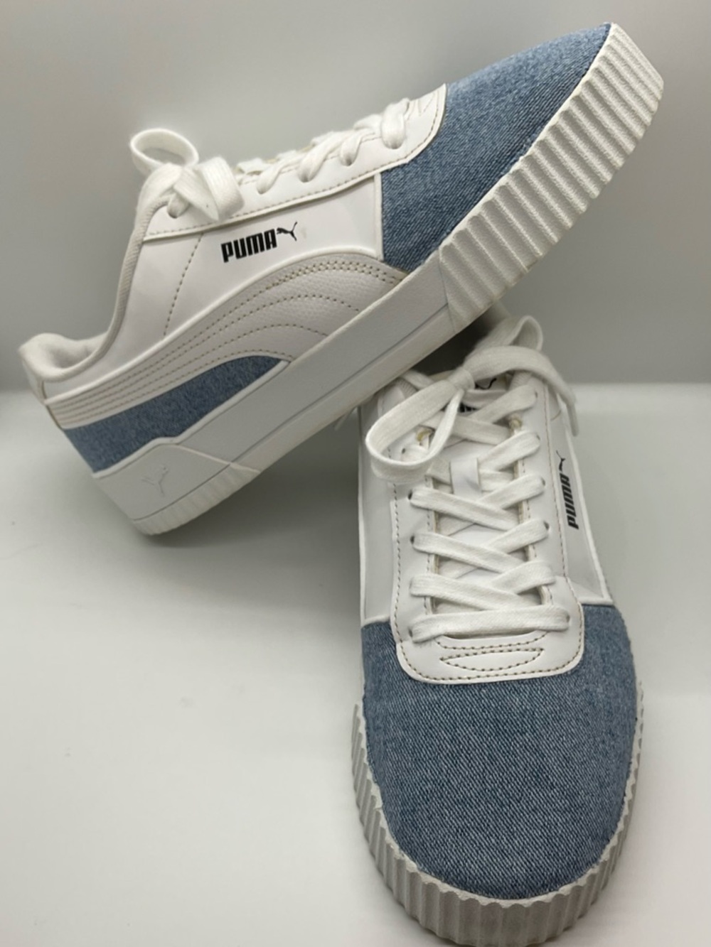 CUSTOM Puma White Leather "Carina" Sneakers with custom Denim/Piping Womens 9.5